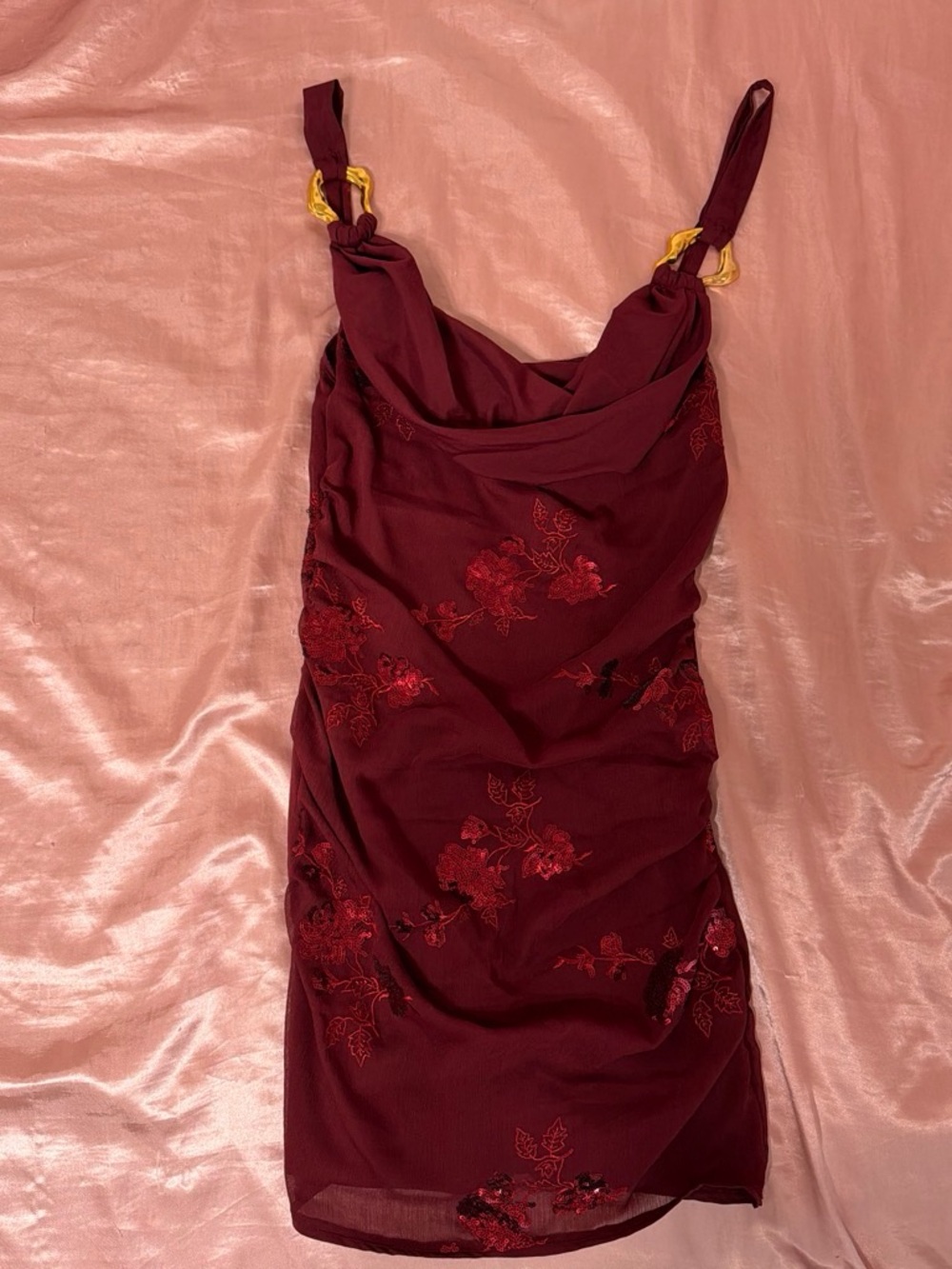 SHEIN Burgundy Floral Embroidered Mini Dress
